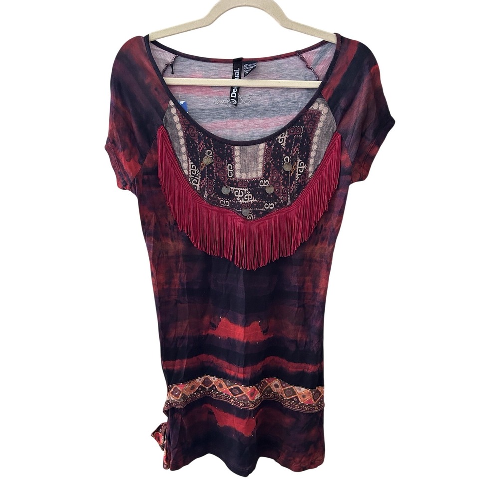Desigual Womens Red Black Tie Dye Fringe Boho Coin Studded Viscose Top Size M